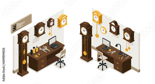 Isometric home office decorated with vintage clocks and modern workspace