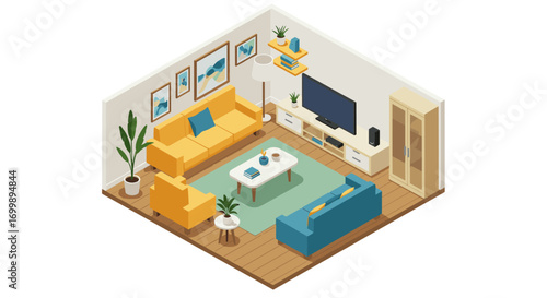 Bright isometric living room with modern furniture and decor elements