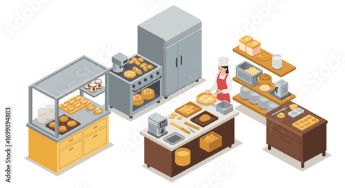 Isometric bakery kitchen: chef preparing fresh pastries and bread