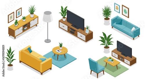 Modern isometric living room furniture sets with plants and decor elements