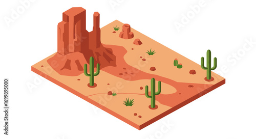 Isometric desert landscape with cacti and sandstone formations