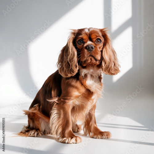 A purebred brown and white Cavalier King Charles Spaniel puppy is sitting and looking cute