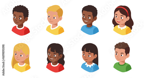 Diverse cartoon children avatars collection featuring boys and girls in colorful outfits