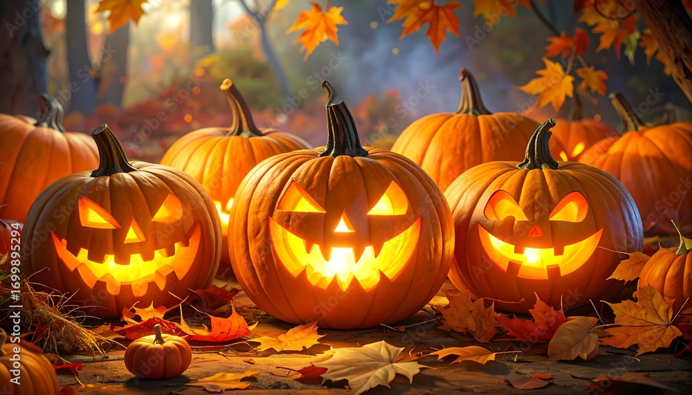 Fototapeta premium Illuminated jack-o'-lanterns, warm orange hues, and autumnal leaves create a spooky, festive scene.