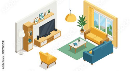 Bright isometric living room interior with modern furniture and decor elements