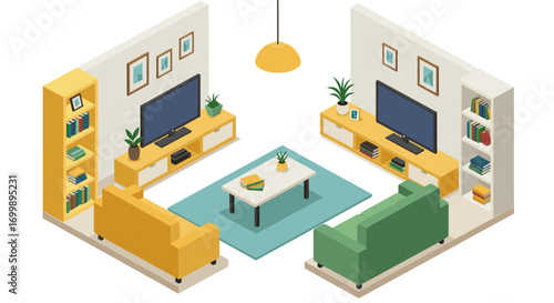 Modern isometric living room design with cozy furniture and decor