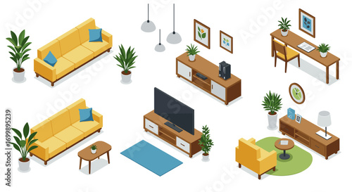 Modern isometric living room furniture and decor set