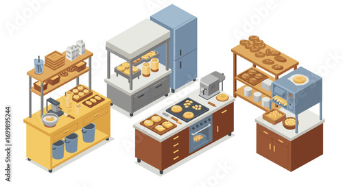 Isometric bakery kitchen setup with bread and pastries on shelves and counters
