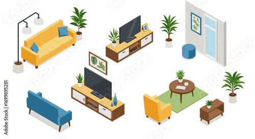 Modern isometric living room elements with furniture and decor