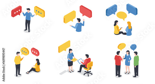 Isometric people engaging in conversations with speech bubbles in various settings