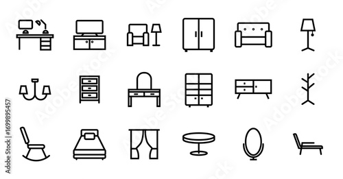 Furniture icons set. Desk with computer, TV stand, armchair, wardrobe, sofa, lamp, chandelier, dresser, vanity table, sideboard, coat rack, rocking chair, bed, curtains, table, mirror, lounge chair.