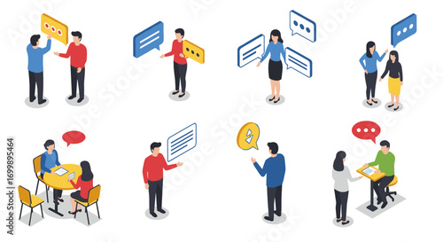Isometric business communication scenes with diverse professionals