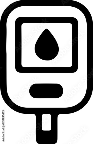 Line art icon of a blood glucose meter displaying a single blood drop, representing diabetes monitoring.