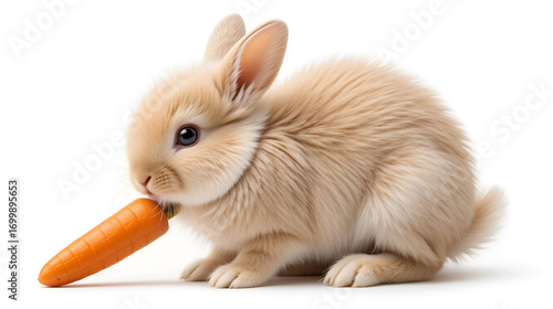 A fluffy baby rabbit, nibbling on a carrot, minimalist flat design, soft beige and white, isolated on white background.