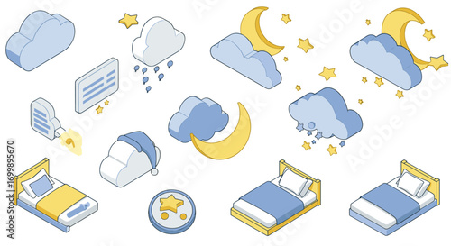 Dreamy sleep elements with isometric cloud and moon designs for nighttime themes