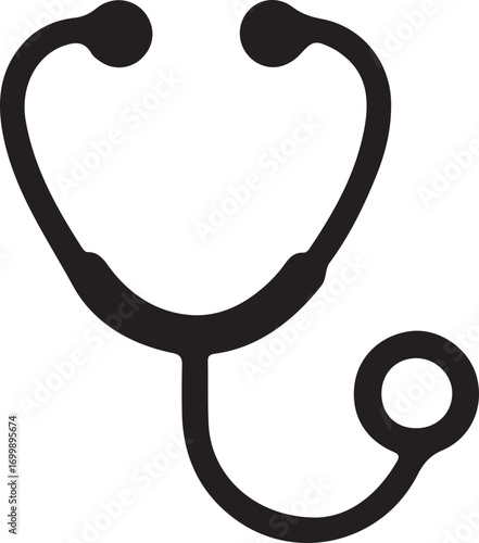 Black silhouette of a medical stethoscope, an essential tool for doctors and healthcare professionals to listen to internal body sounds, symbolizing health and diagnosis.