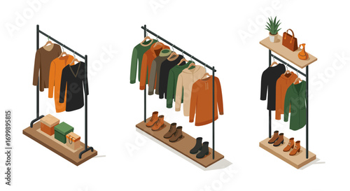 Stylish autumn wardrobe display with clothing racks and accessories in isometric design