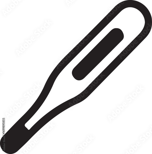Black and white icon of a digital medical thermometer for measuring body temperature and detecting fever.
