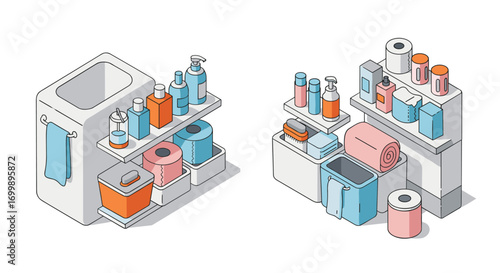 Isometric bathroom storage organization with toiletries and towels