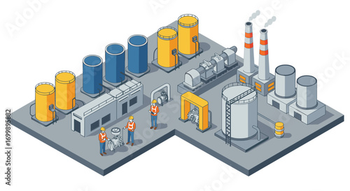 Isometric industrial plant scene with workers and machinery