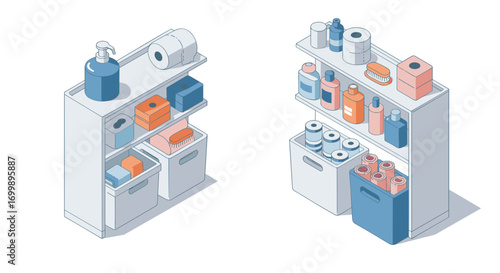 Isometric bathroom storage shelves with personal care and cleaning products