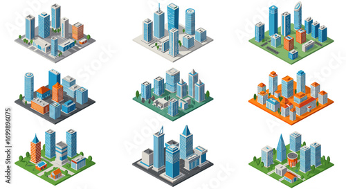 Modern isometric cityscapes collection featuring high-rise buildings in various styles and layouts