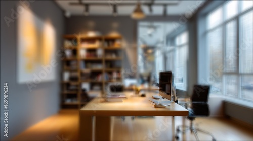 Beautiful inconspicuous office interior room. Blurry workspace with unfocused effect. High quality