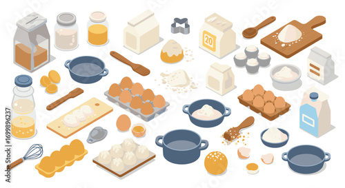 Isometric kitchen ingredients set with baking tools and food items
