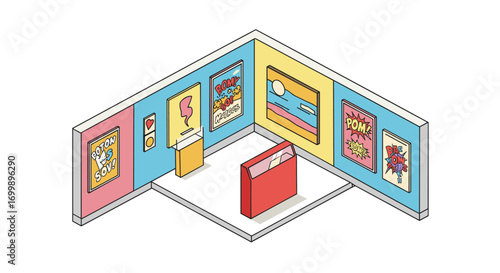 Isometric pop art gallery with bold colors and retro designs