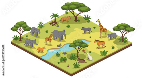 Isometric safari scene with diverse african animals in natural habitat