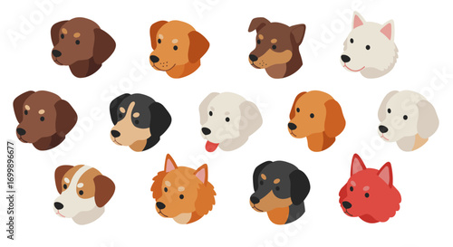 Diverse cartoon dog heads collection in modern flat style