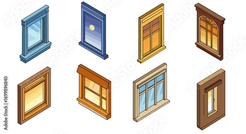 Isometric window collection with diverse architectural styles and color variations