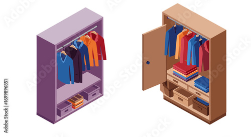 Isometric wardrobe designs with colorful clothes and organization ideas