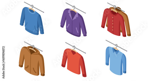 Isometric clothing set: shirts, hoodies, sweaters on hangers