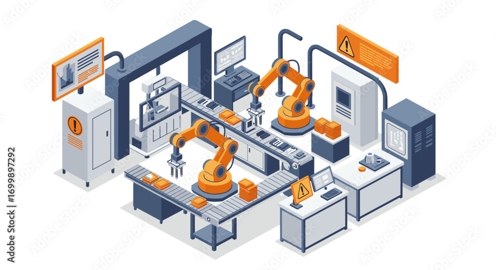 Obraz premium Isometric industrial automation scene with robotic arms and conveyor belt