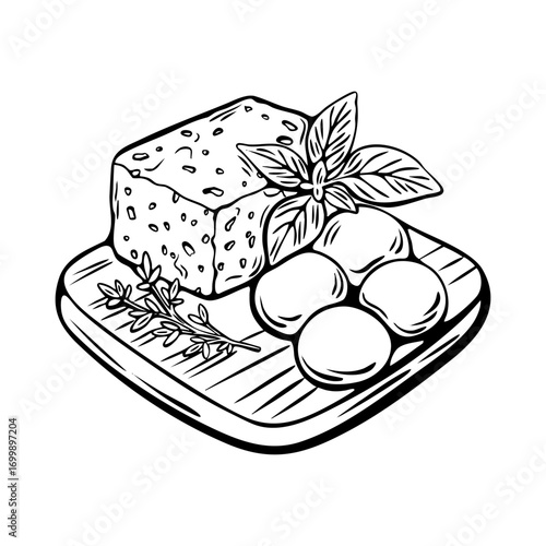 Mediterranean cheese engraving sketch with herbs for coloring use