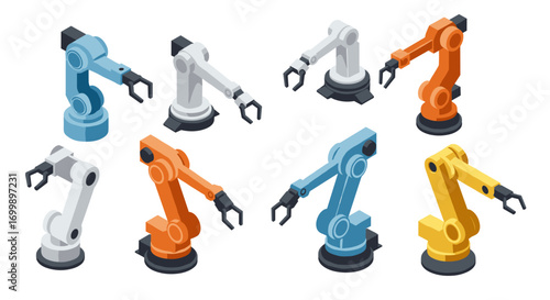 Isometric industrial robotic arms set for automation and manufacturing design