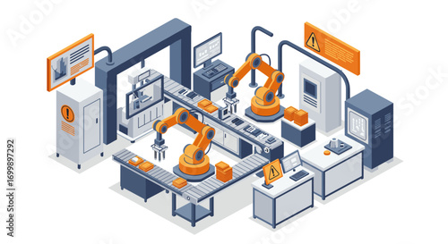Isometric industrial automation scene with robotic arms and conveyor belt