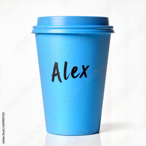 Blue coffee cup with handwritten name Alex on a neutral background  