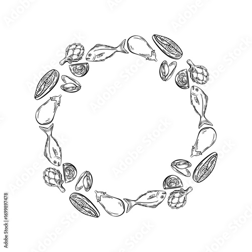 Black and white Mediterranean food frame in engraving style