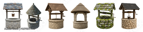 Wishing well set including rustic stone, wooden shingle, thatched, and mossy variations isolated. Fantasy and garden decor collection.