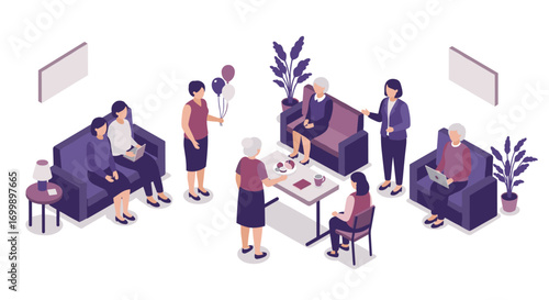 Elderly group socializing indoors in isometric design