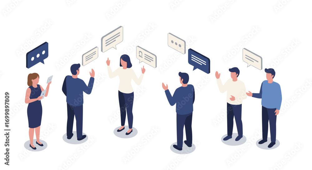 Fototapeta premium Isometric team communication with chat bubbles in office setting