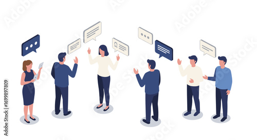 Isometric team communication with chat bubbles in office setting