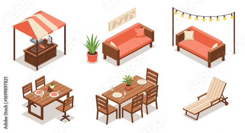 Isometric outdoor furniture collection featuring garden benches, tables, and lighting