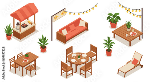 Cozy outdoor patio with isometric furniture and plants in relaxing setting