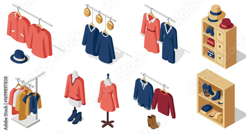 Isometric clothing and accessories collection in vibrant colors