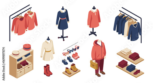 Isometric fashion closet with clothing racks, accessories, and shoes in modern style