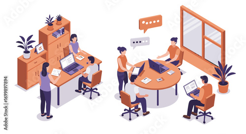 Modern office workspace with diverse team in action