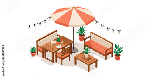 Cozy outdoor patio with furniture and string lights in isometric style